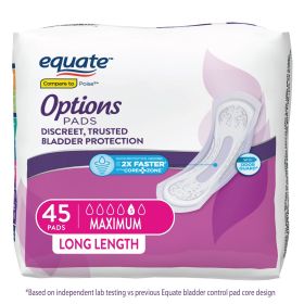 (4 pack) Options Women's Incontinence Pads, Maximum Absorbency, Long Length (45 Count), Compare to Poise®