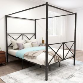 Metal Canopy Bed Frame, Platform Bed Frame Queen With X Shaped Frame Queen Black (Color: Black)