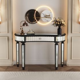 47 Half  Moon Mirrored Console Table With Fluted Glass  Crystal Knob Drawer  Silver Entryway Vanity Desk For BedroomDressing RoomGold Sliver (Option: Antique Black)