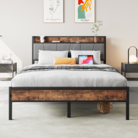 Full Size Bed Frame, Storage Headboard With Charging Station, Solid And Stable, Noise Free, No Box Spring Needed, Easy Assembly,Vintage Brown And (Color: Black)