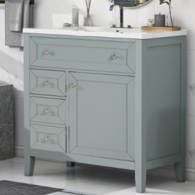 Solid Wood Bathroom Vanity With Ceramic Undermount Sink 12 Soft Close Drawer Slides, Flip Bin  Single Drawer  Storage Drawer, Adjustable Shelf, 7 (Option: Gray)