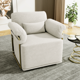 360 Degree Square Swivel Accent Sofa Chair,Fluffy Fabric Lounge Wide Upholstered Reading Chair With Gold Metal Legs, Comfortable Armchair For Liv (Color: Beige)
