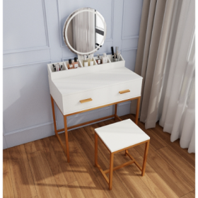 Vanity Set With Mirror And Stool - Makeup Vanity Table With Storage Drawers And Organizer, White And Gold, Space-Saving Design For Small Bedrooms (Option: Ancient White)