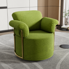 360 Degree Barrel Swivel Accent Sofa Chair,Fluffy Fabric Lounge Wide Upholstered Reading Chair With Gold Metal Legs, Comfortable Round Armchair F (Color: Green)