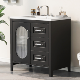 30 Bathroom Vanity With Sink, Bathroom Vanity Cabinet With Two Drawers And Door, Adjustable Shelf, Solid Wood And MDF, Bla (Color: Black)