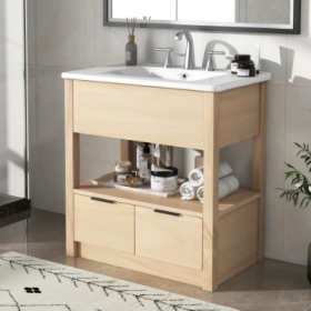 30 Bathroom Vanity With Sink Top, Bathroom Cabinet With Open Storage Shelf And Two Drawers, One Package, Natural (Option: Natural)