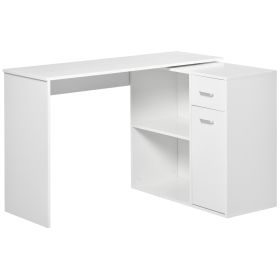 L-Shaped White Computer Desk With Rotating Shelves And Drawer Home Office Workstation (Color: White)