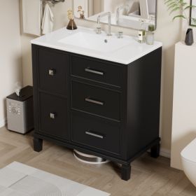 30 Inch Bathroom Vanity With Ceramic Sink, Flip-Out Drawer Design For Plumbing, White Painted MDF Cabinet With Solid Wood Legs (Color: Black)